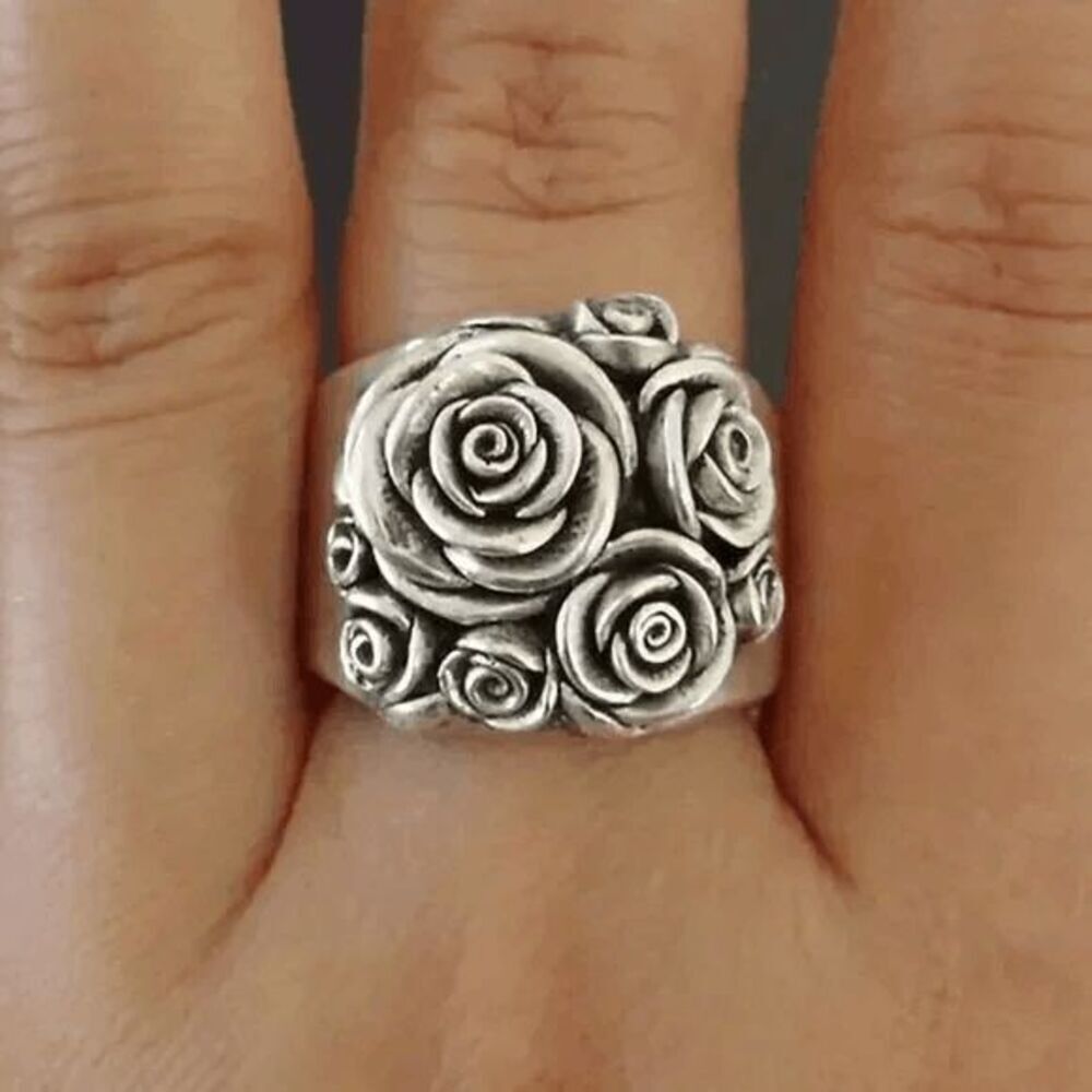 Boho Stainless 3D Steel Rose Flower Wide Band Ring